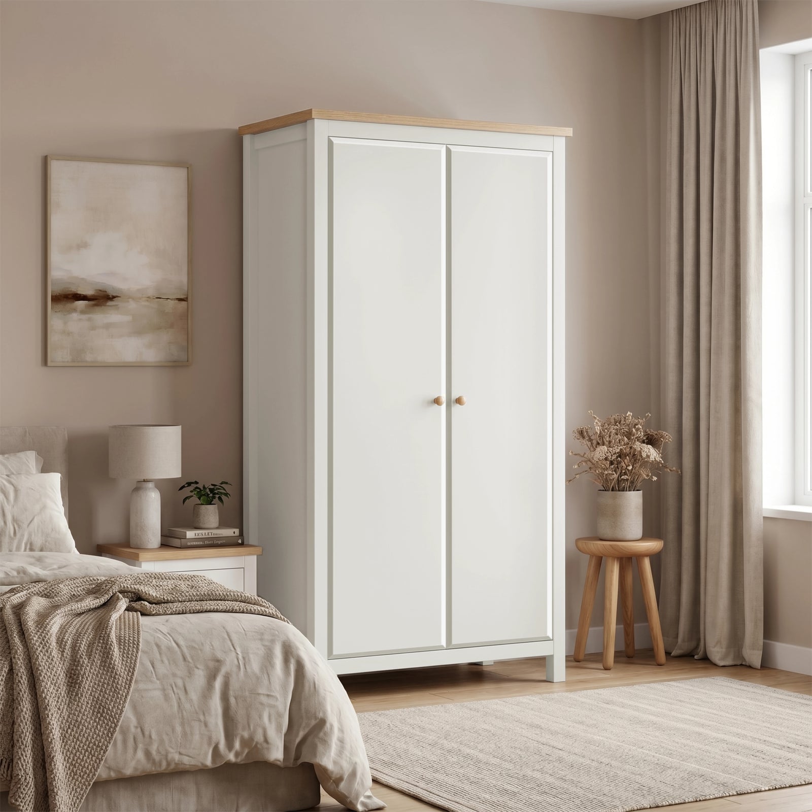 [White] wardrobe in a bedroom with a bed, lamp, and window