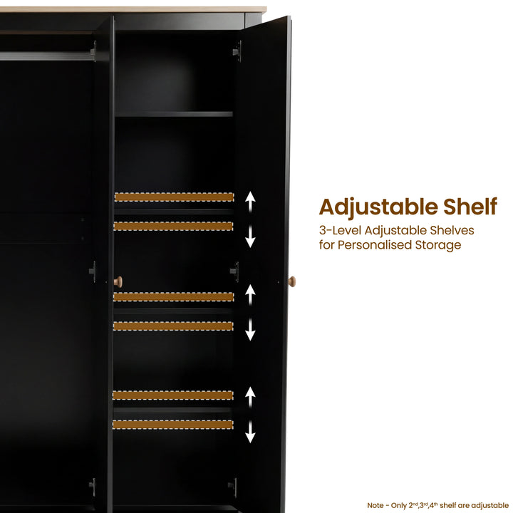 [Black] Haven wardrobe 140 cm interior right bay showing three adjustable shelf positions with arrows