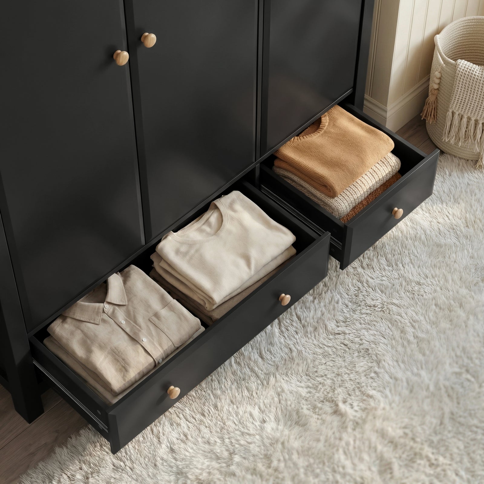 [Black] Haven wardrobe drawer detail, larger and smaller base drawers open with folded clothes inside