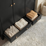 [Black] Haven wardrobe drawer detail, larger and smaller base drawers open with folded clothes inside