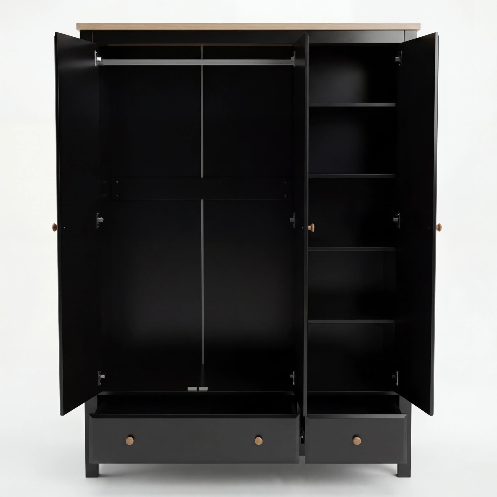 [Black] Haven wardrobe empty interior, full-width hanging rail, right bay five shelves, two drawers out