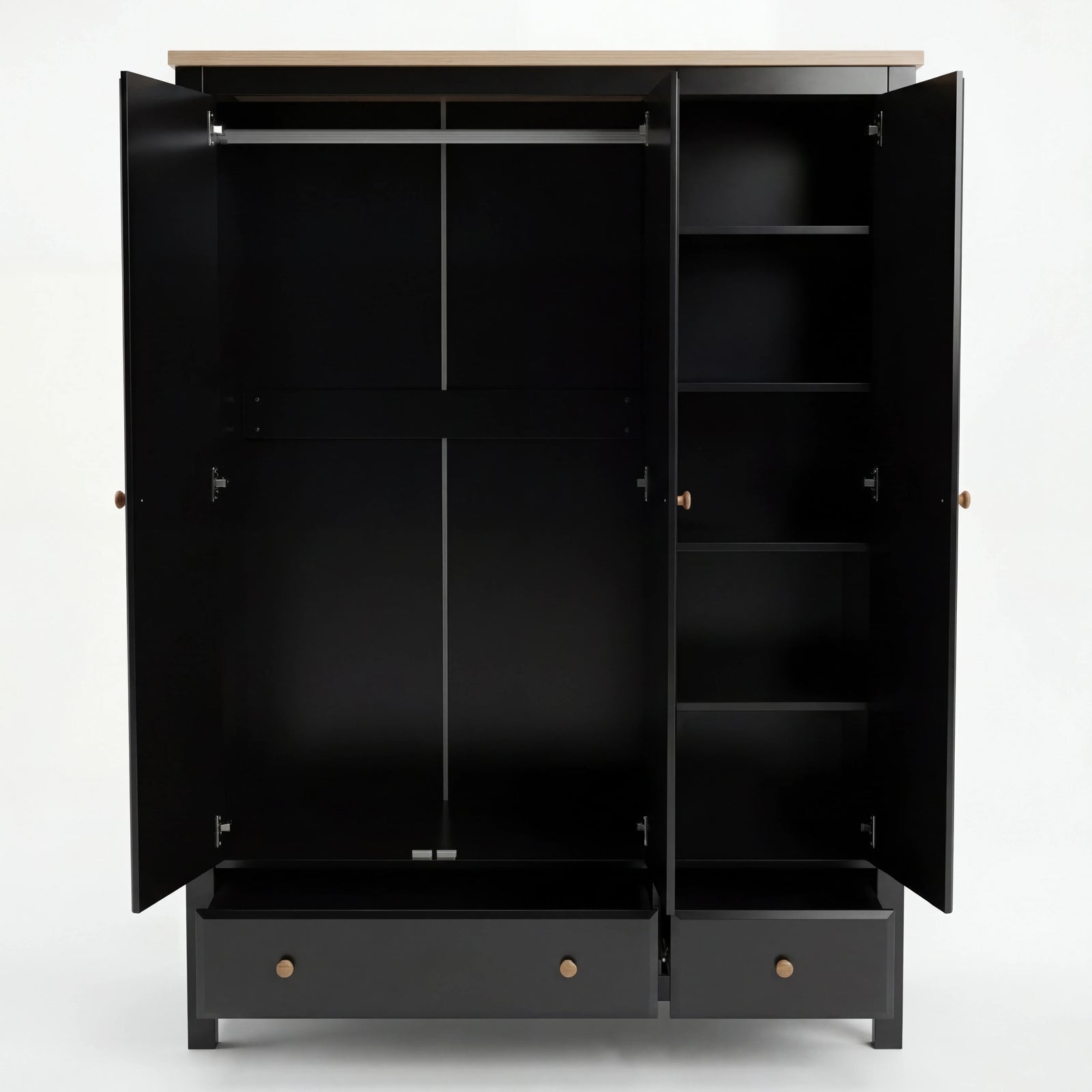 [Black] Haven wardrobe empty interior, full-width hanging rail, right bay five shelves, two drawers out