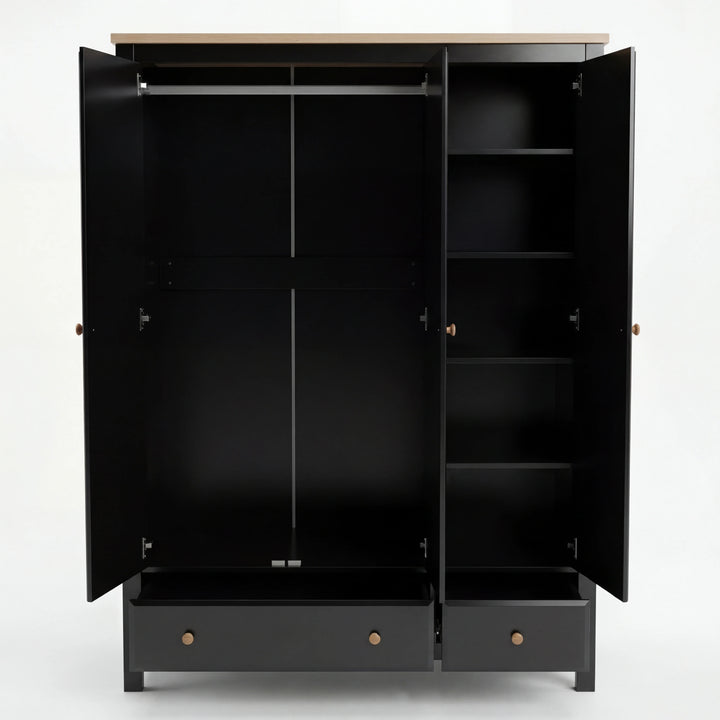 [Black] Haven wardrobe empty interior, full-width hanging rail, right bay five shelves, two drawers out