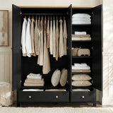 [Black] Haven wardrobe interior lifestyle, hanging garments on rail, stacked linens on right shelves