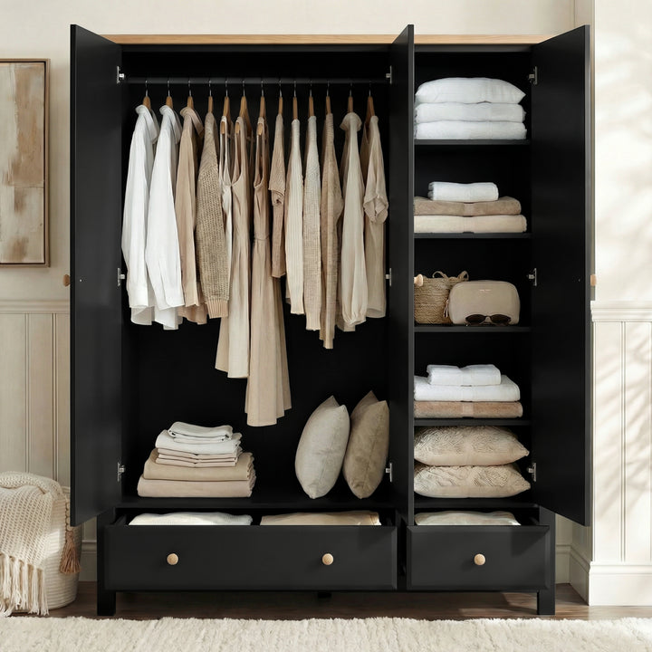 [Black] Haven wardrobe interior lifestyle, hanging garments on rail, stacked linens on right shelves