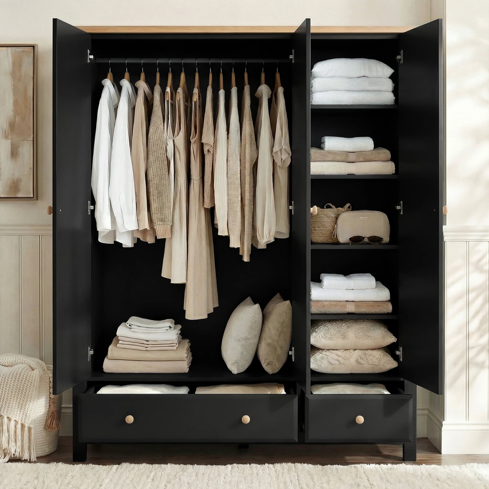 [Black] Haven wardrobe interior lifestyle, hanging garments on rail, stacked linens on right shelves