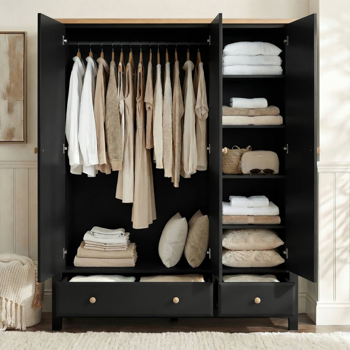 [Black] Haven wardrobe interior lifestyle, hanging garments on rail, stacked linens on right shelves