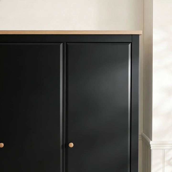 [Black] Haven wardrobe top corner zoom, 25 mm oak veneer top meeting painted door frame