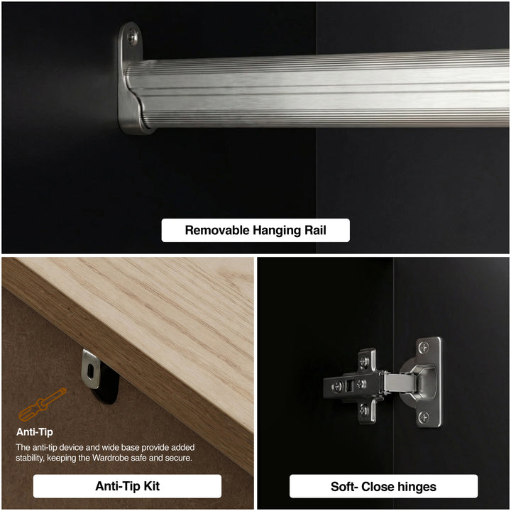 [Black] Haven wardrobe three-panel feature shot covering removable rail, anti-tip fixing and hinge close-up