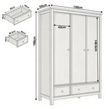 [White] Haven wardrobe measurement drawing, 140 wide, 55 deep, 186 tall, drawer internals shown