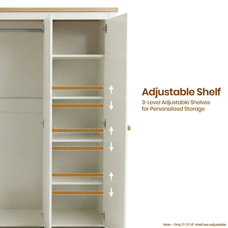 [White] Haven 3-door wardrobe interior with adjustable shelf positions marked on right side column