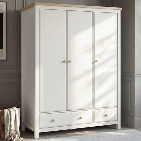 [White] Haven wardrobe front, three panelled doors, oak top, two base drawers with oak knob pulls