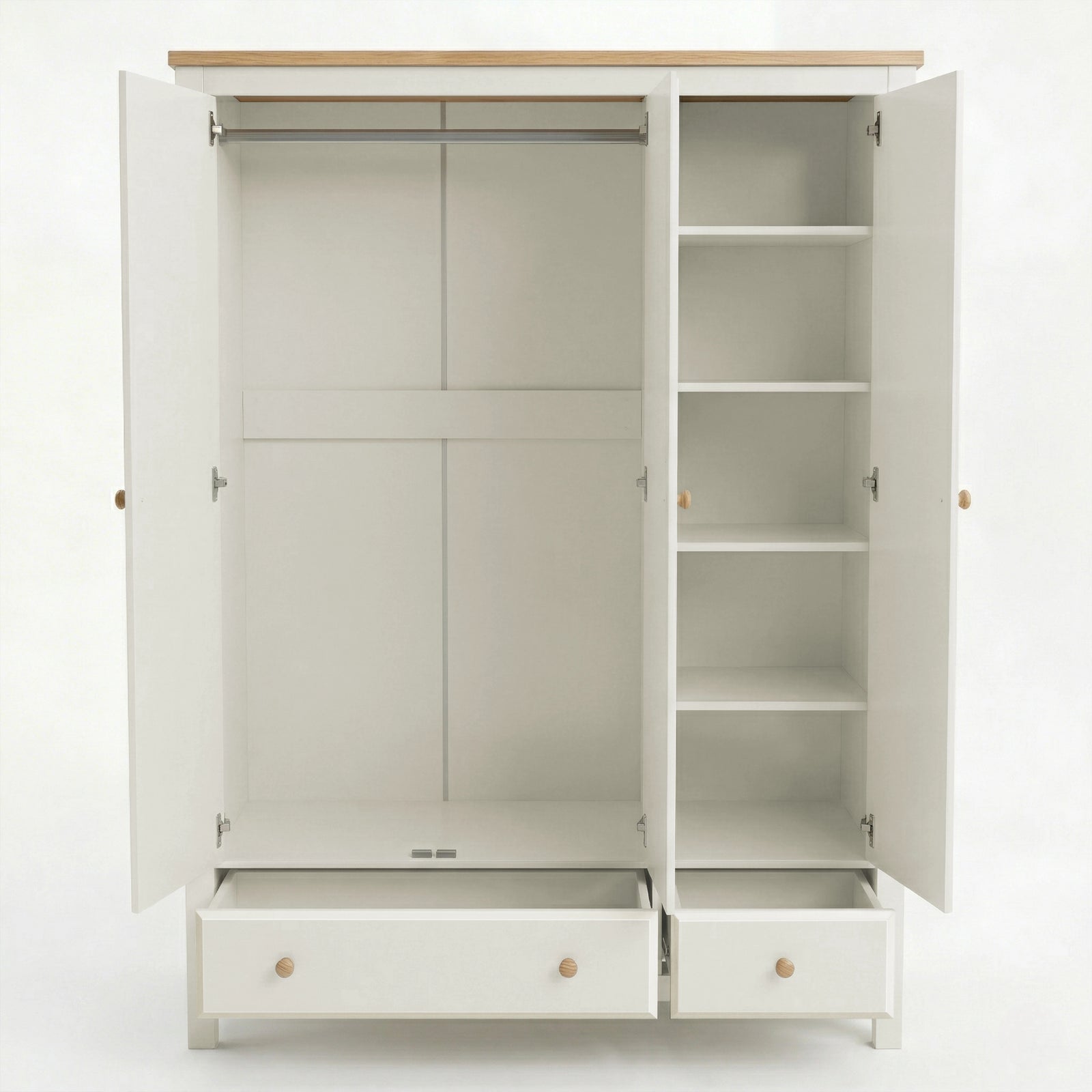 [White] wardrobe with open doors and drawers on a white background
