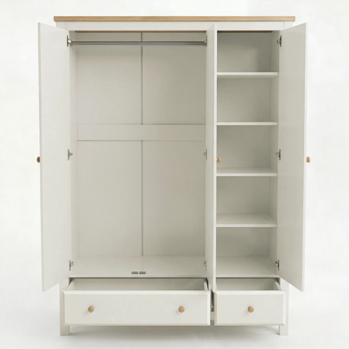 [White] wardrobe with open doors and drawers on a white background