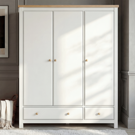 [White] Haven wardrobe lifestyle front view, panel doors and oak top in a calm grey bedroom corner