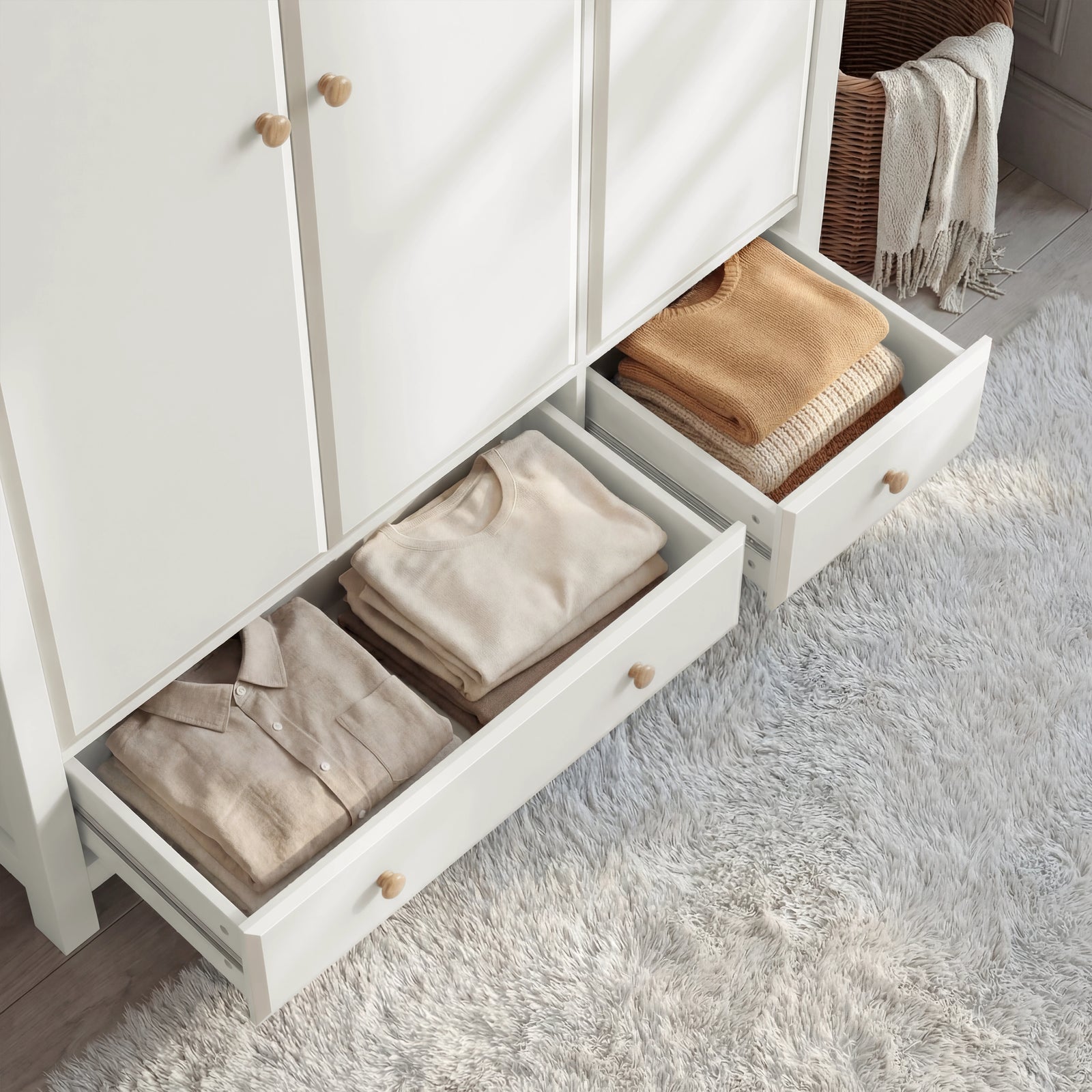 [White] wardrobe with open drawers containing folded clothes on a light gray carpet