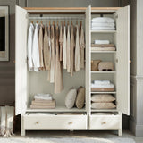 [White] Haven 3-door wardrobe open, hanging rail with clothes, side shelves stacked with folded items