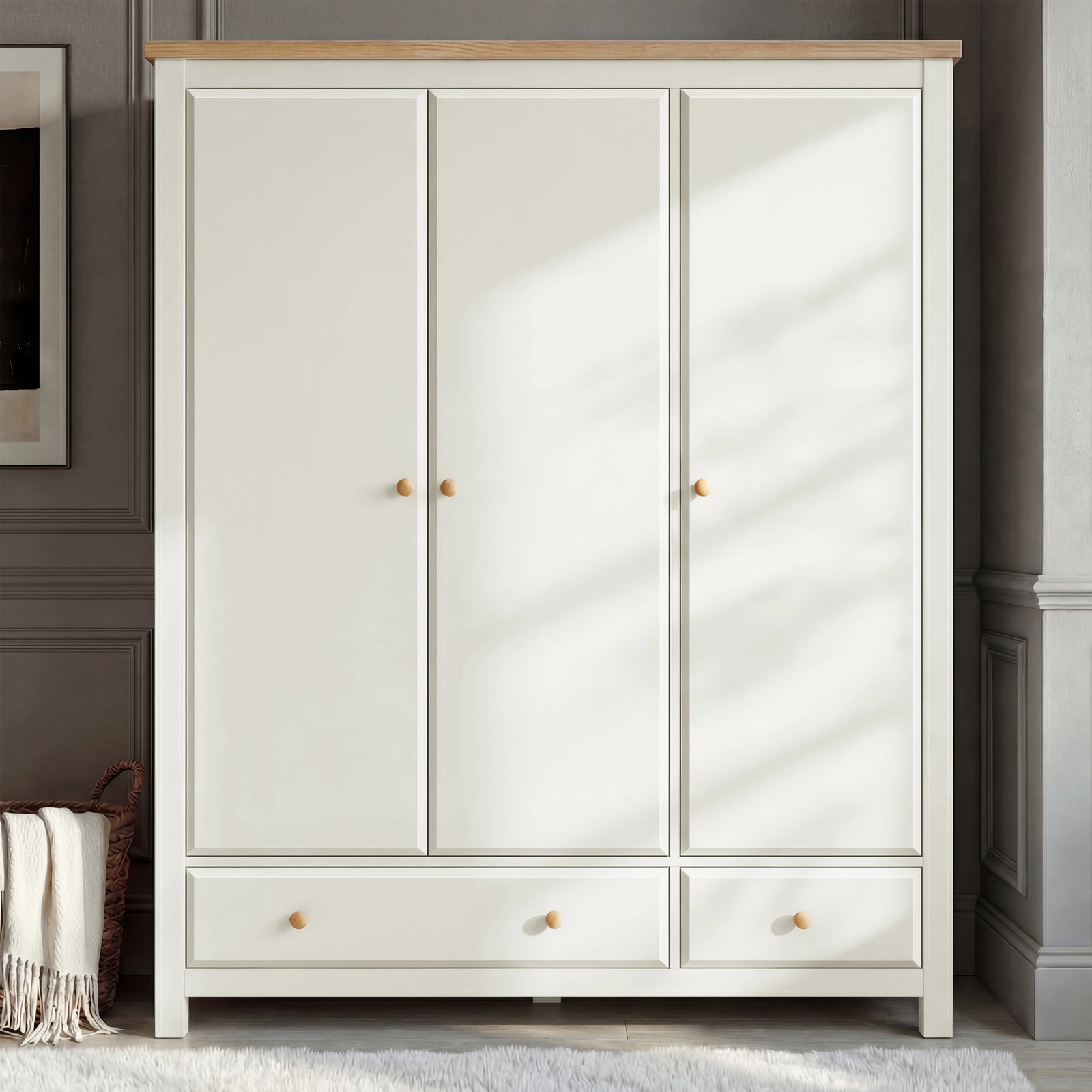 [White] Haven wardrobe lifestyle front view, panel doors and oak top in a calm grey bedroom corner