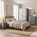 [Grey] Haven bedroom furniture set: 2-door wardrobe, 4-drawer chest and 2-drawer bedside, oak tops in a modern bedroom with natural light coming from windows