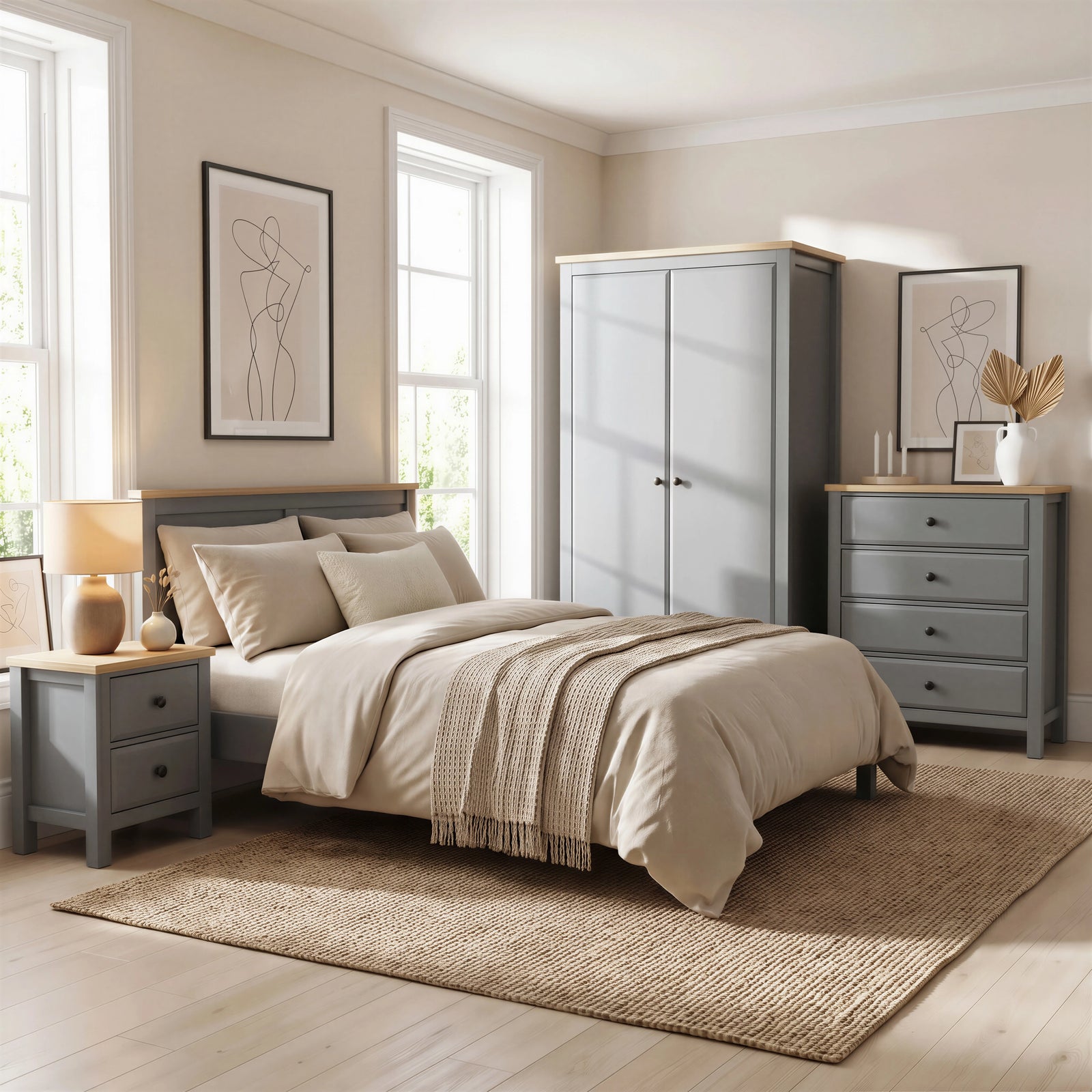 [Grey] Haven bedroom furniture set: 2-door wardrobe, 4-drawer chest and 2-drawer bedside, oak tops in a modern bedroom with natural light coming from windows