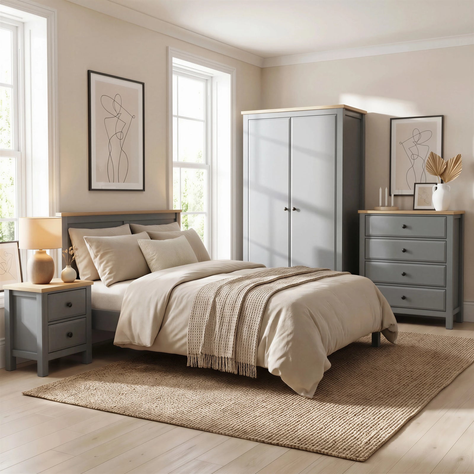 [Grey] Haven bedroom furniture set: 2-door wardrobe, 4-drawer chest and 2-drawer bedside, oak tops in a modern bedroom with natural light coming from windows