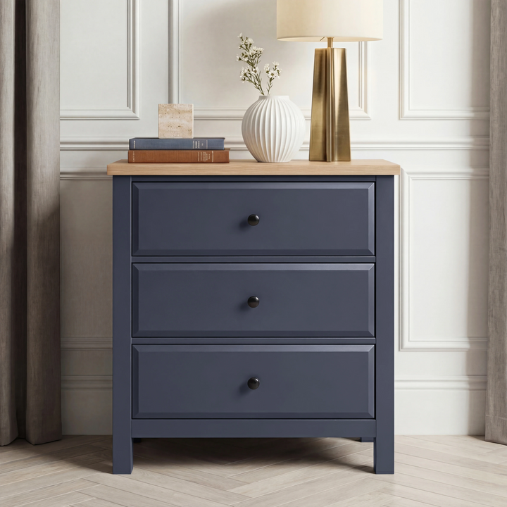 [Blue] Haven bedroom furniture set 3-drawer chest with oak top and black round knobs, styled with lamp