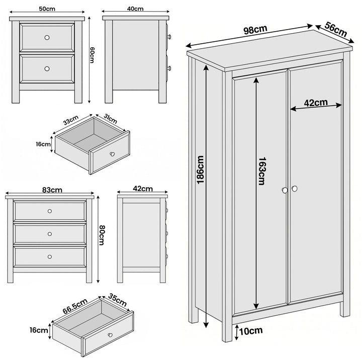 [Blue] Haven bedroom furniture set dimensions diagram: wardrobe 98x56x186cm, chest 83x42x80cm, bedside 50x40x60cm