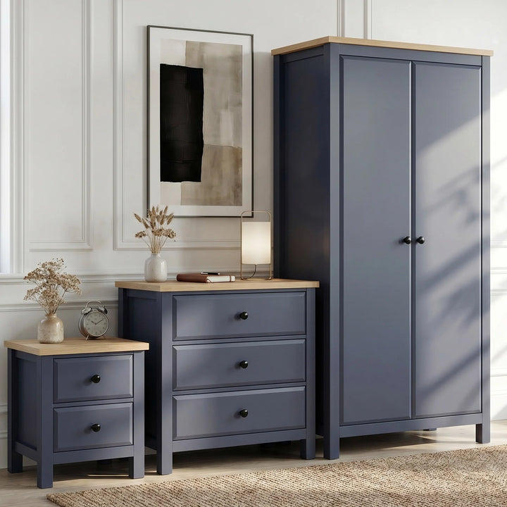 [Blue] Haven bedroom furniture set with oak tops: 2-door wardrobe, 3-drawer chest and 2-drawer bedside