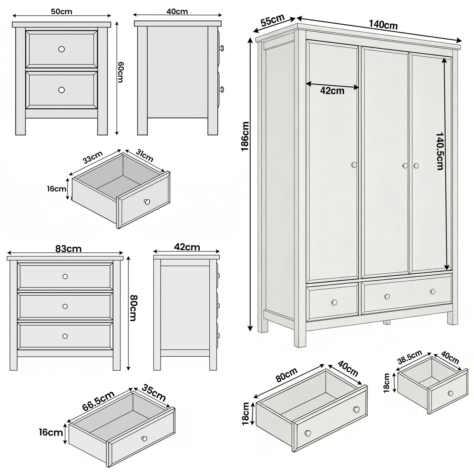 [Blue] Haven bedroom furniture set dimensions: wardrobe 140x55x186, chest 83x42x80, bedsides 50x40x60cm