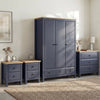 [Blue] Haven bedroom furniture set oak top, 3-door wardrobe, 3-drawer chest and two 2-drawer bedsides styled on rug