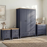 [Blue] Haven bedroom furniture set oak top, 3-door wardrobe, 3-drawer chest and two 2-drawer bedsides styled on rug