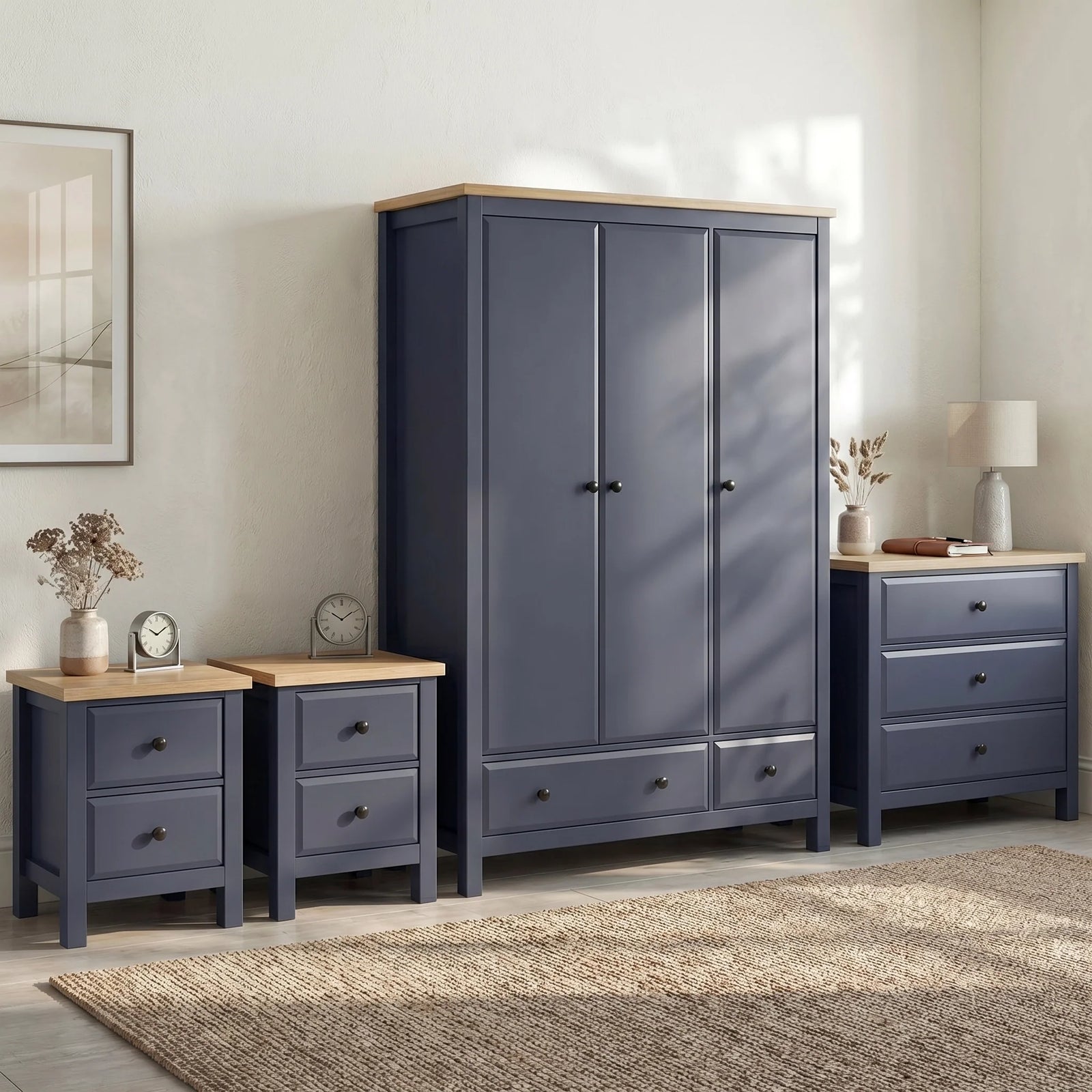 [Blue] Haven bedroom furniture set oak top, 3-door wardrobe, 3-drawer chest and two 2-drawer bedsides styled on rug