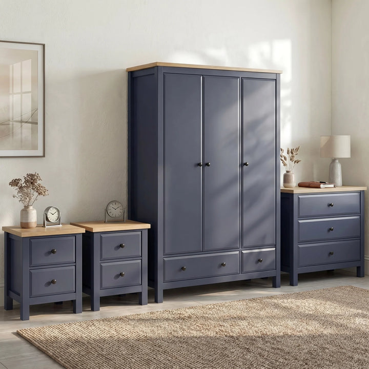 [Blue] Haven bedroom furniture set oak top, 3-door wardrobe, 3-drawer chest and two 2-drawer bedsides styled on rug