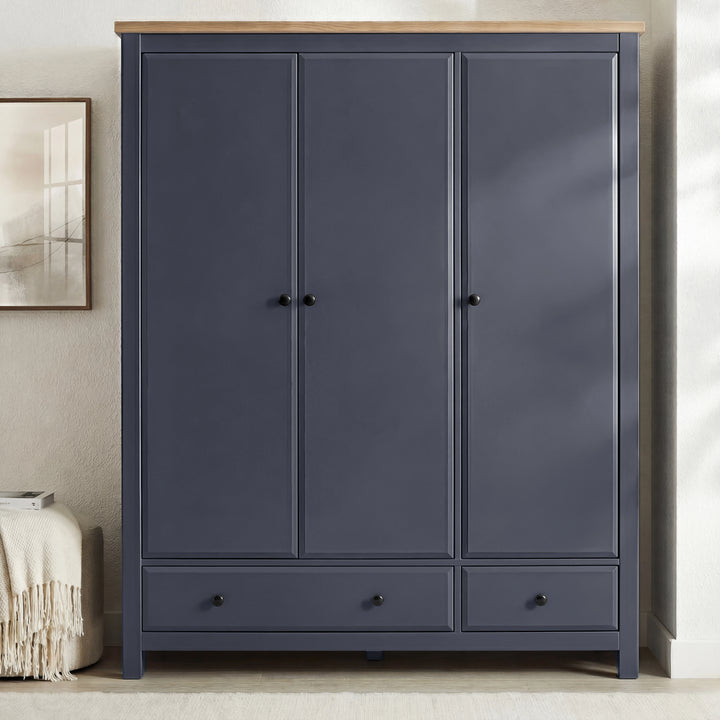 [Blue] Haven bedroom furniture set wardrobe front view showing 3 panelled doors, 2 drawers and oak veneer top