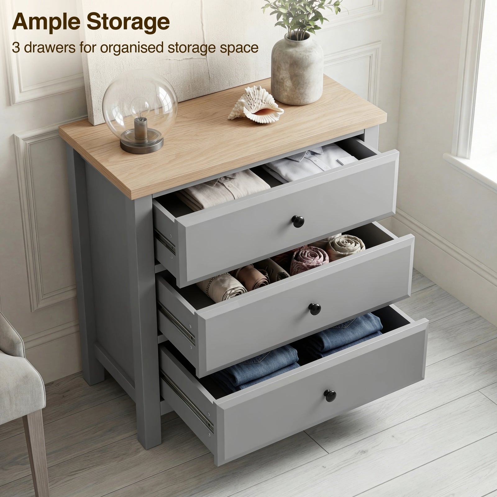 [Grey] Haven bedroom furniture set grey chest with all three drawers open showing interior storage space
