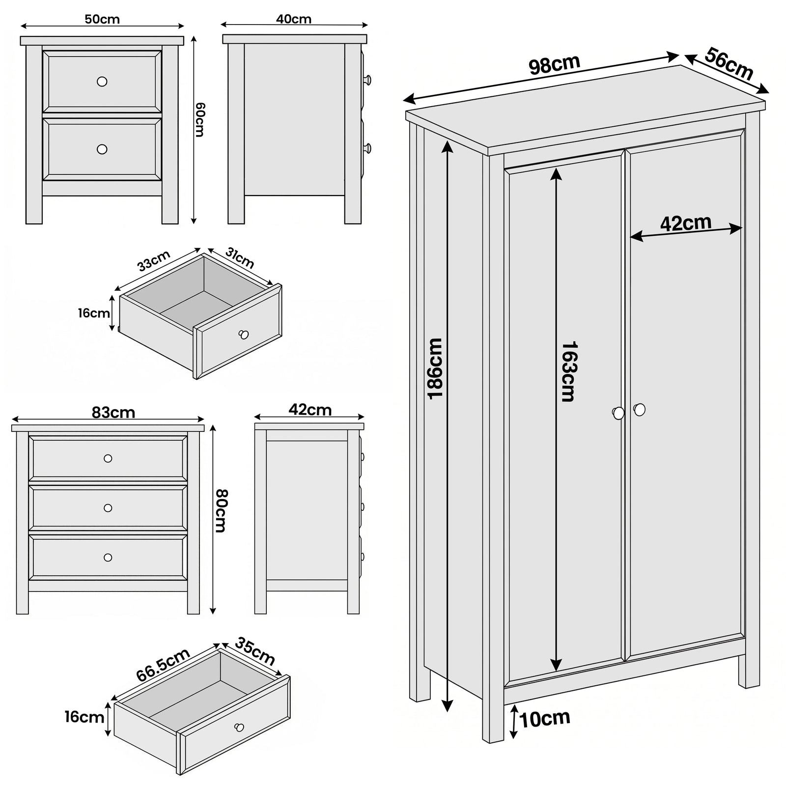 [Grey] Haven bedroom furniture set grey dimensions: wardrobe 98x56x186cm, chest 83x42x80cm, bedside 50x40x60cm