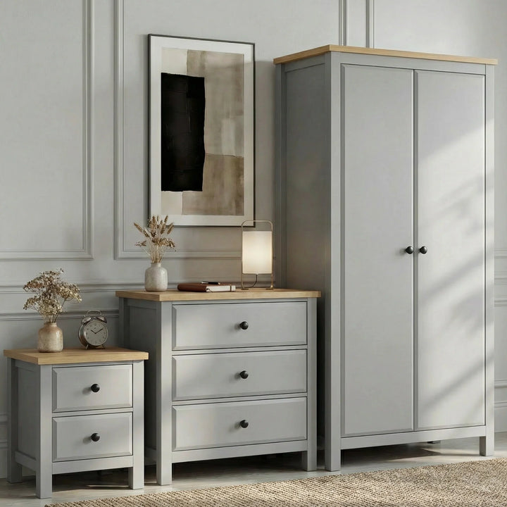 [Grey] Haven bedroom furniture set grey with oak tops: 2-door wardrobe, 3-drawer chest, 2-drawer bedside trio
