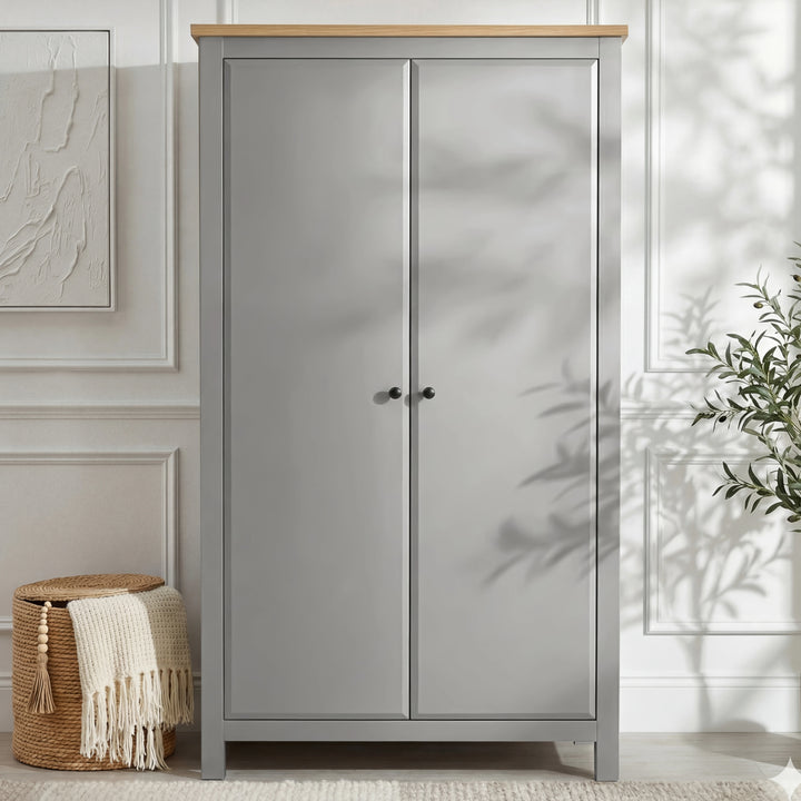 [Grey] Haven bedroom furniture set grey wardrobe with soft-close doors, magnetic catches and oak top