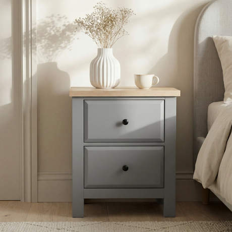 [Grey] Haven bedroom furniture set 2-drawer bedside styled by a bed, oak top and round knobs visible