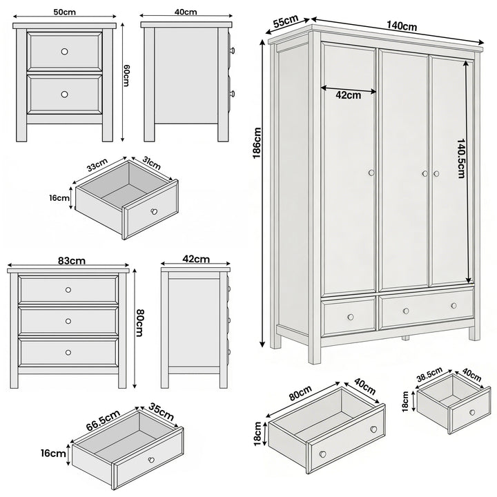 [Grey] Haven bedroom furniture set dimensions: wardrobe 140x55x186, chest 83x42x80, bedside 50x40x60cm
