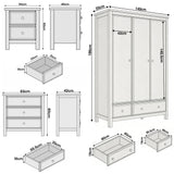 [Grey] Haven bedroom furniture set dimensions: wardrobe 140x55x186, chest 83x42x80, bedside 50x40x60cm
