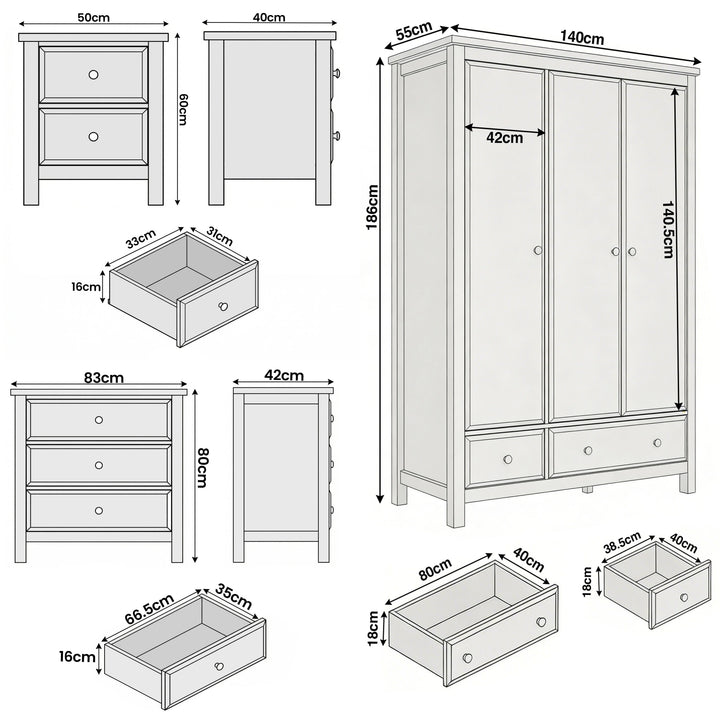 [Grey] Haven bedroom furniture set dimensions: wardrobe 140x55x186, chest 83x42x80, bedside 50x40x60cm