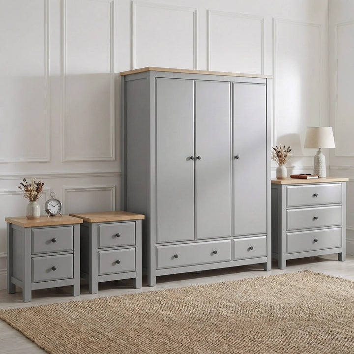 [Grey] Haven bedroom furniture set grouped: wardrobe, 3-drawer chest, two 2-drawer bedsides, oak tops