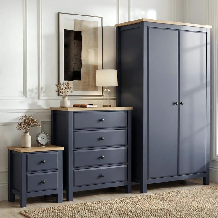 [Blue] Haven bedroom furniture set shown together: tall wardrobe, four drawer chest and two drawer bedside