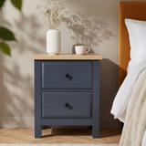 [Blue] Blue 2 drawer bedside, Haven bedroom furniture set nightstand, oak top and tapered legs, angled
