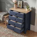 [Blue] Blue 4 drawer chest open, Haven bedroom furniture set piece, oak top and round black knob pulls