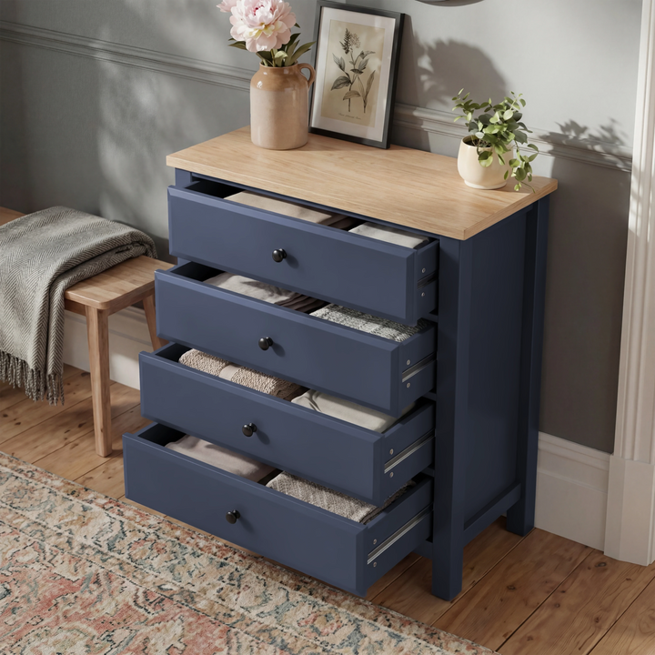 [Blue] Blue 4 drawer chest open, Haven bedroom furniture set piece, oak top and round black knob pulls