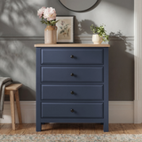 [Blue] 4 drawer chest from Haven bedroom furniture set, blue painted with oak top and round black knobs