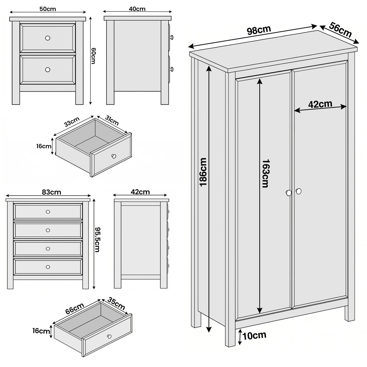 [Blue] Haven bedroom furniture set dimensions: wardrobe 98x56x186, chest 83x42x95.5, bedside 50x40x60 cm