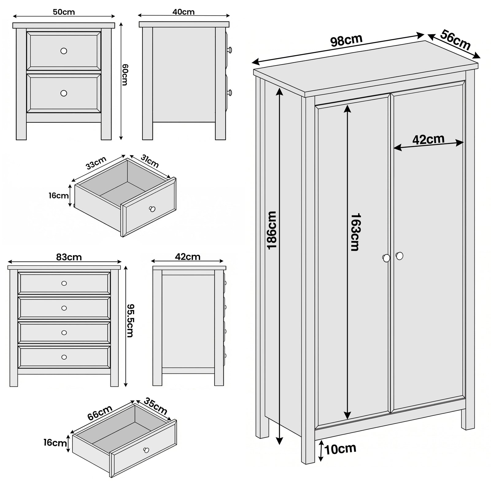 [Blue] Haven bedroom furniture set dimensions: wardrobe 98x56x186, chest 83x42x95.5, bedside 50x40x60 cm